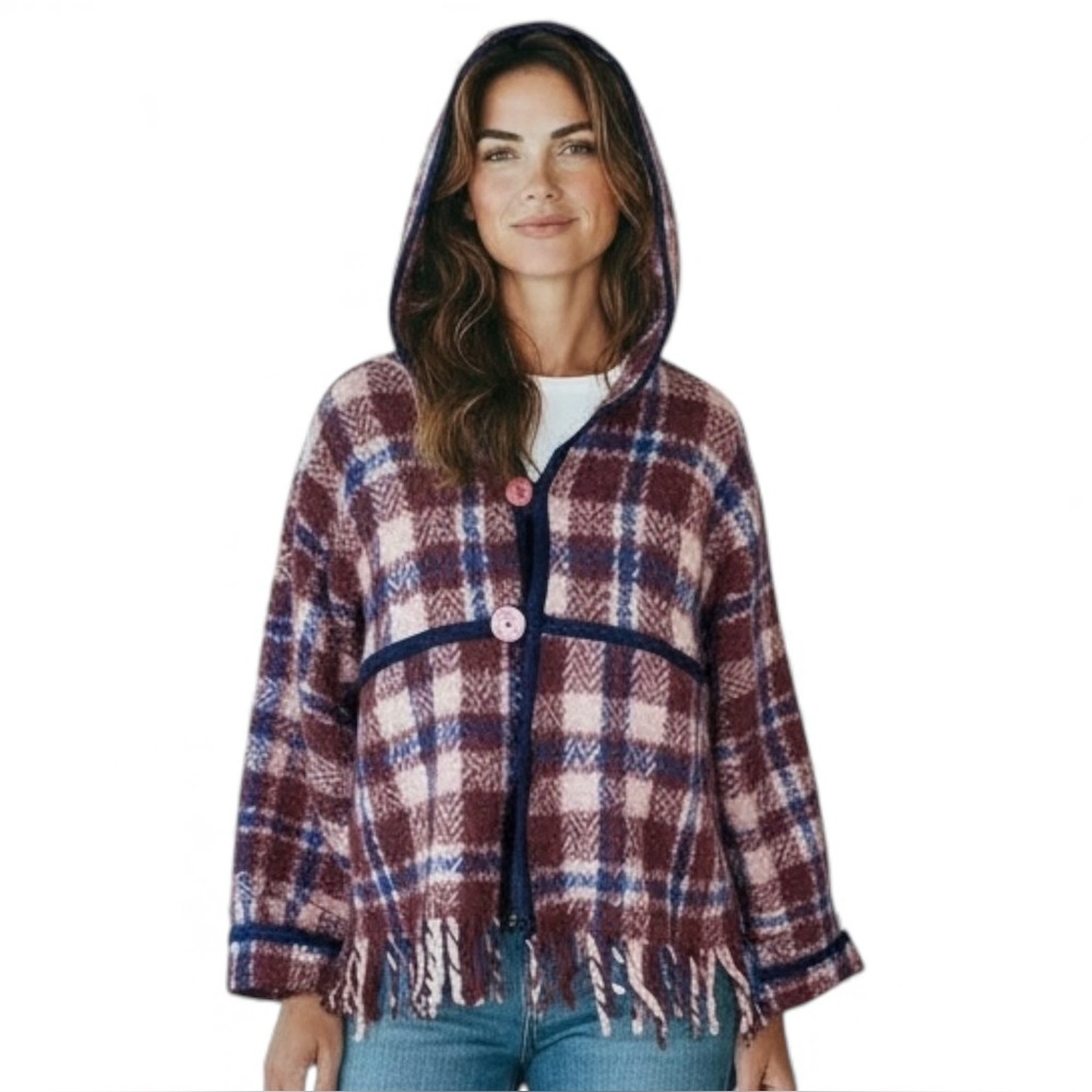 Handmade Super Soft Bog Plaid Hooded‎ Jacket Fringe Trim Cozy Boho Festival XL